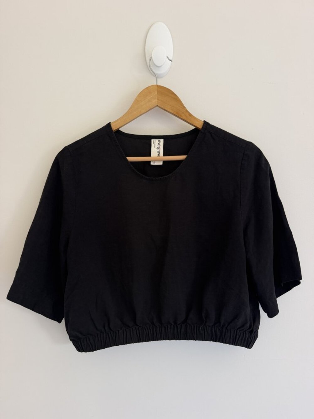 Eve Gravel Magnolia Top Black Linen Cropped Boxy Wide Sleeve Size M